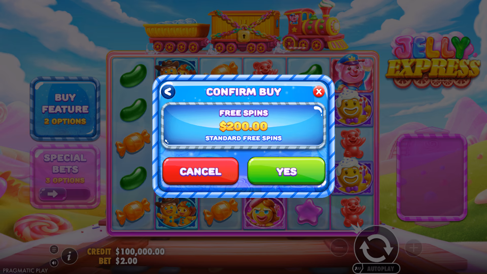 Jelly Express demo slotunda pulsuz fırlanma alışı təsdiq ekranı